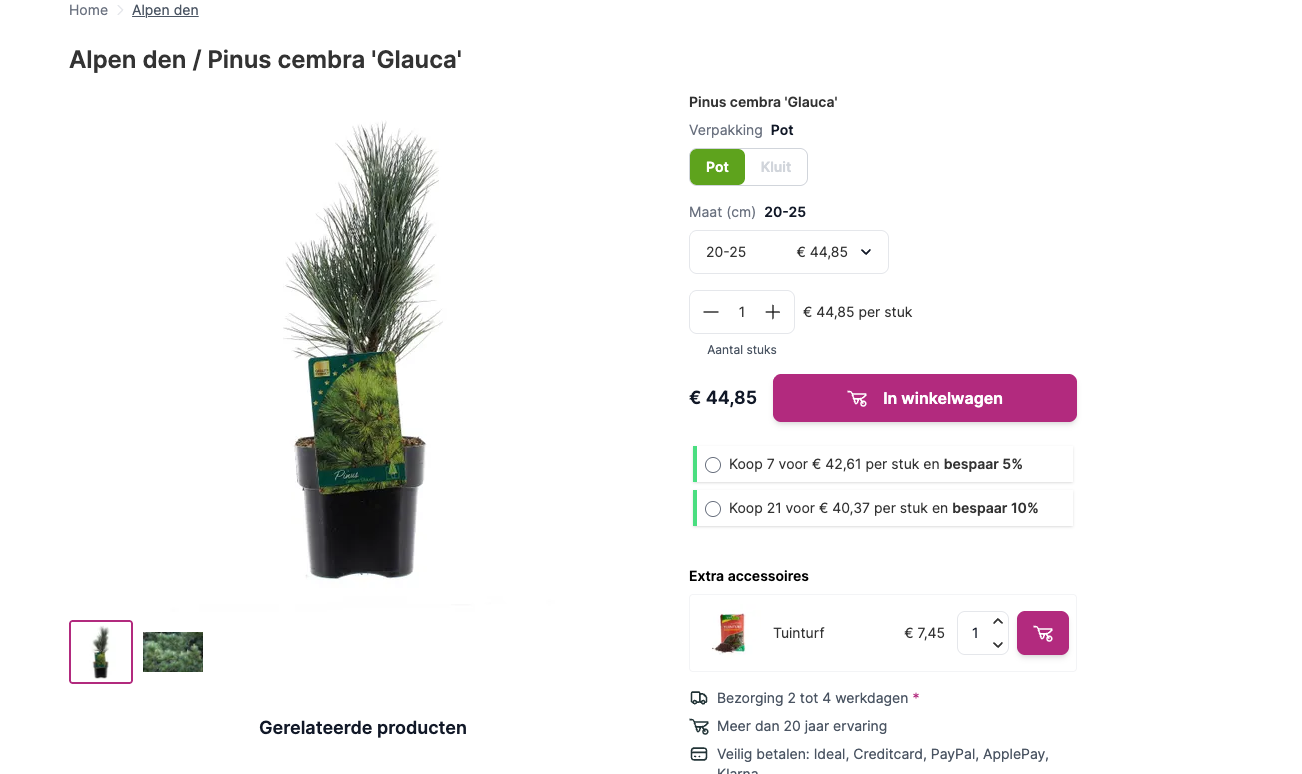 Extra accessoires-blok op de productpagina van Tuinplant.nl